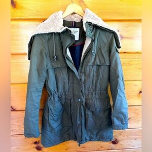 Tommy Hilfiger Olive Green Zip Up Button Up Coat With Hood S